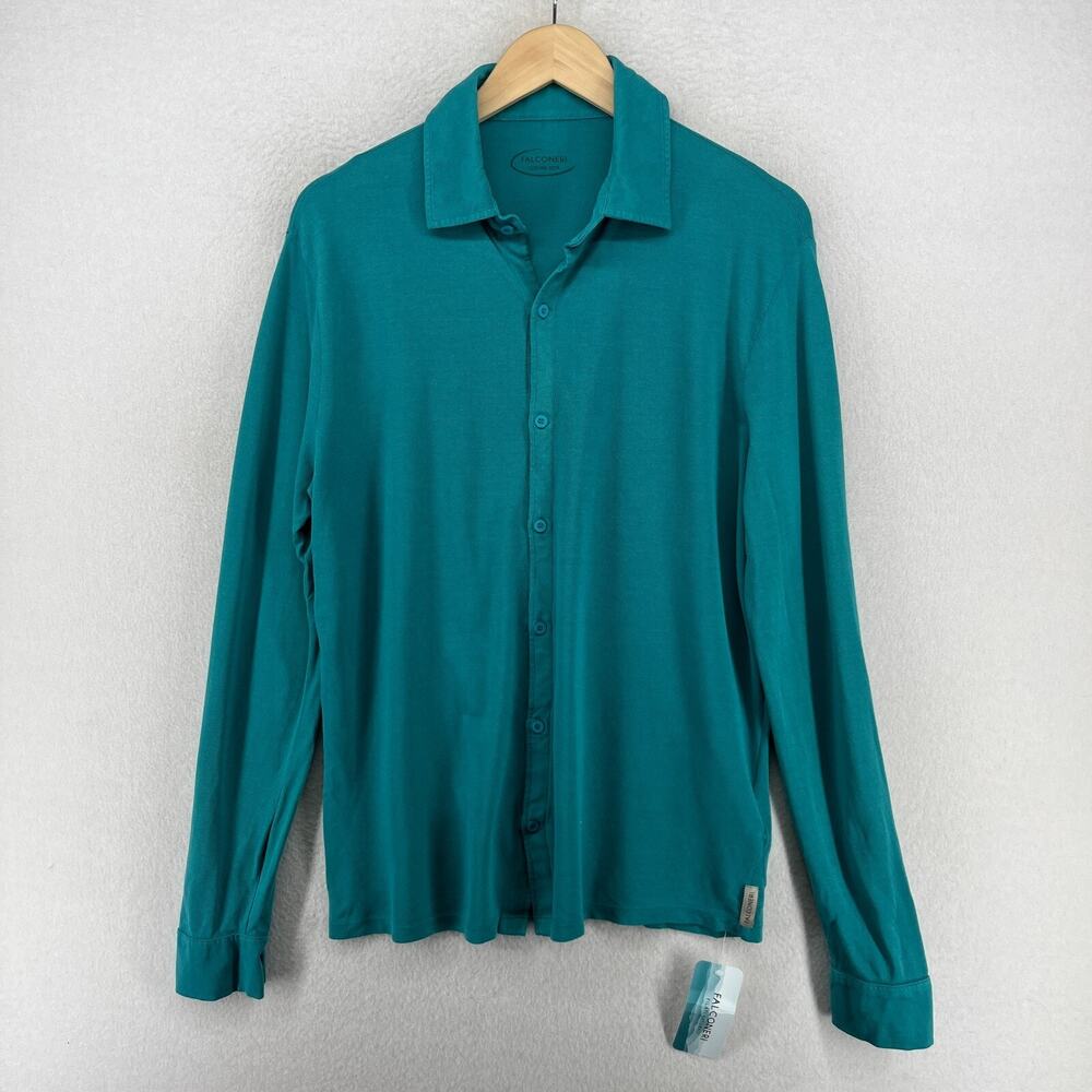 FALCONERI Shirt Men S Polo Cotton Silk Pique Button Up Long Sleeve Teal Blue NEW